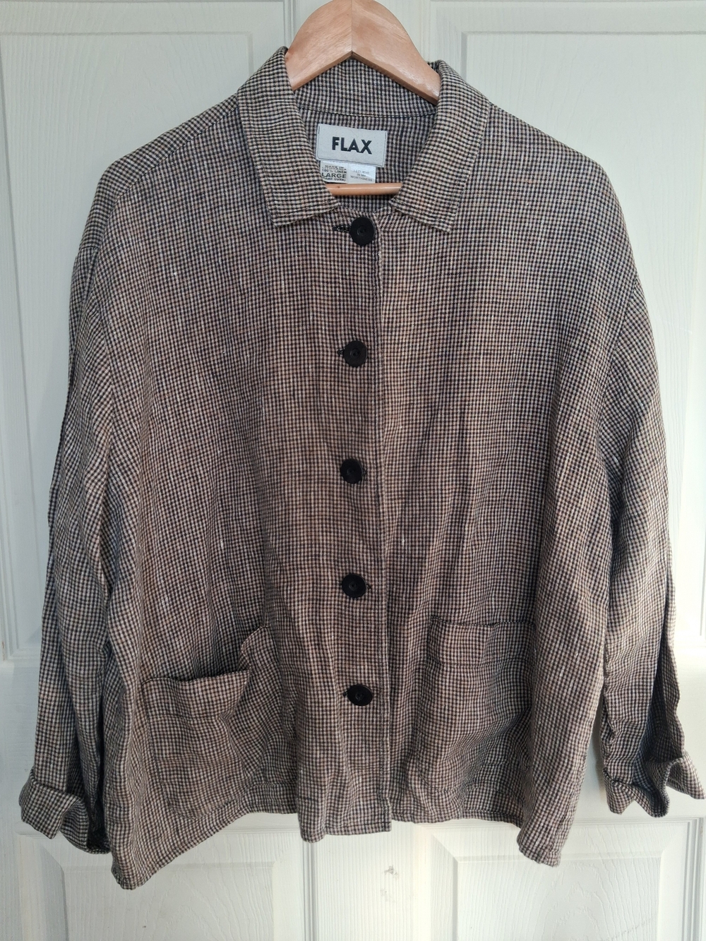 FLAX 100% Linen Black Brown Cream Micro-Check Button Front Jacket Oversized L